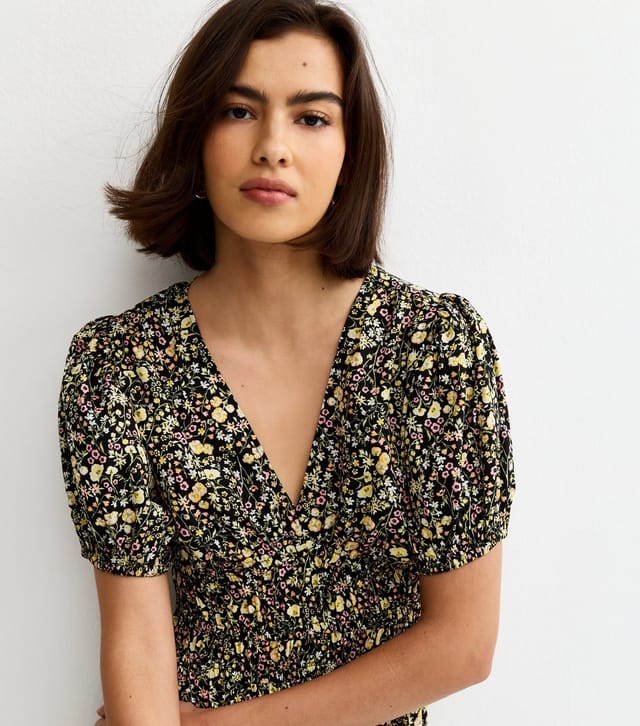 New Look Women's Black Crepe Floral Print V-Neck Short Sleeve Midi Dress New Look - 3