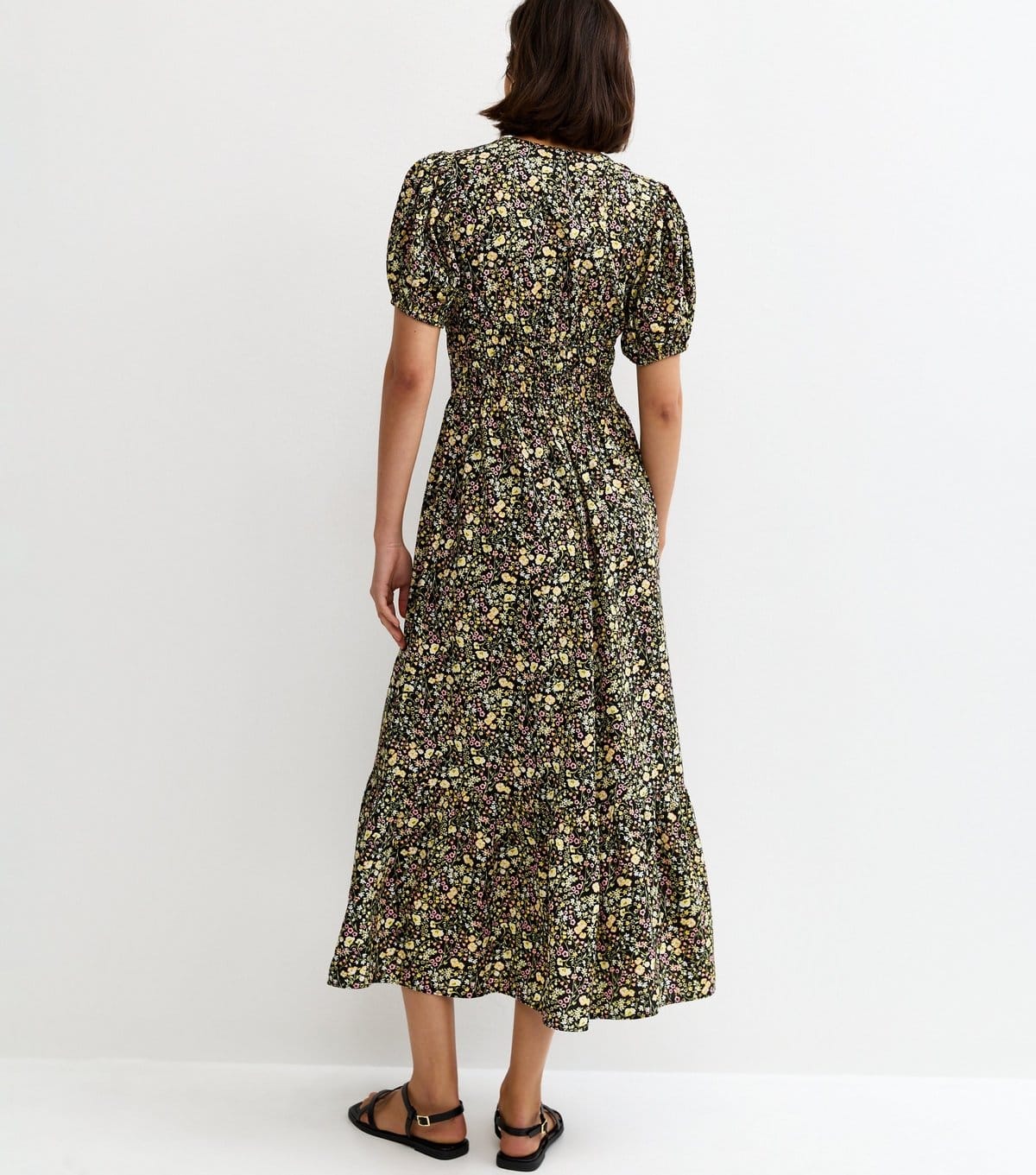 New Look Women's Black Crepe Floral Print V-Neck Short Sleeve Midi Dress New Look - 4