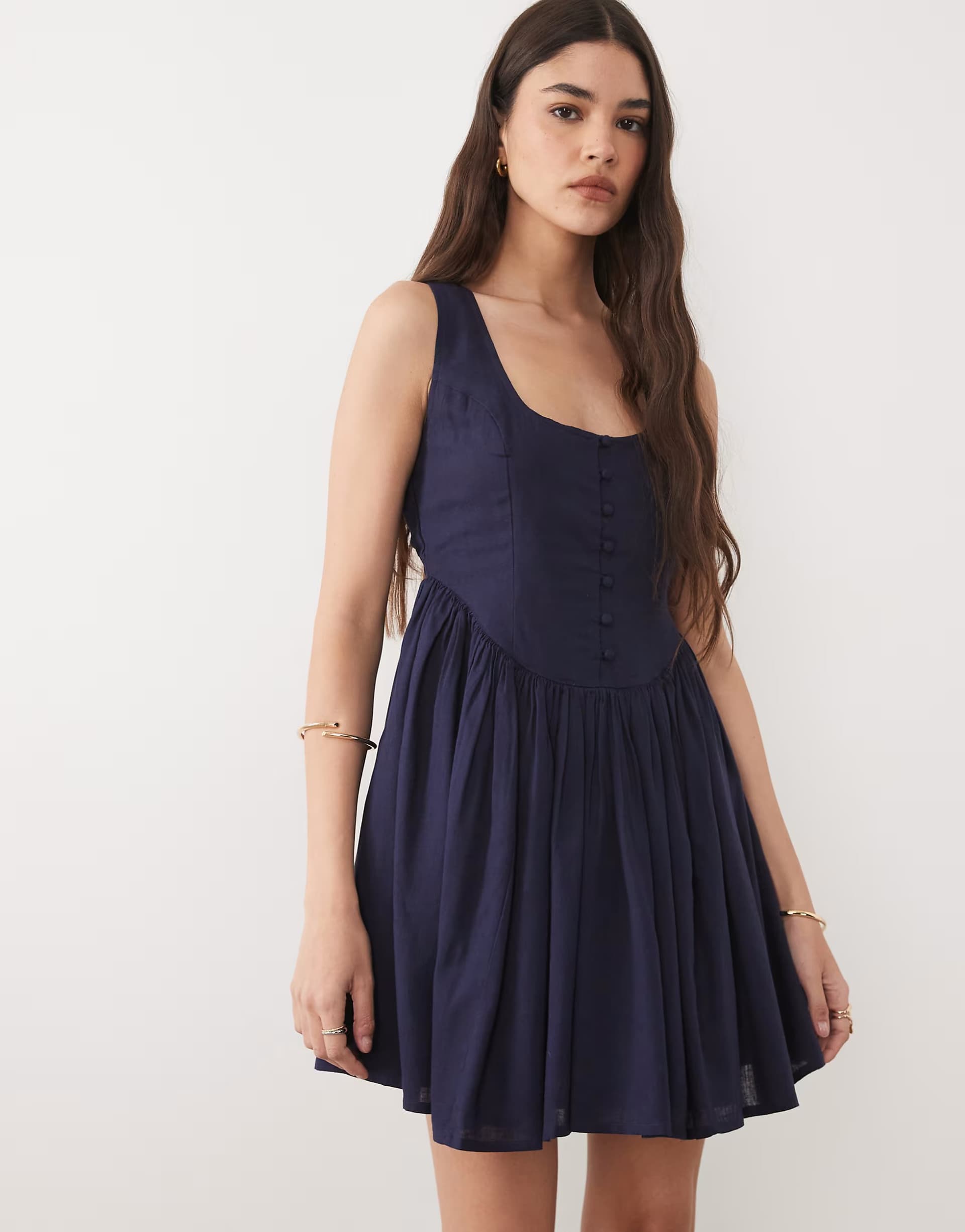 ASOS Nobody's Child Cora sleeveless bodicwe detail ruched skirt mini dress in navy