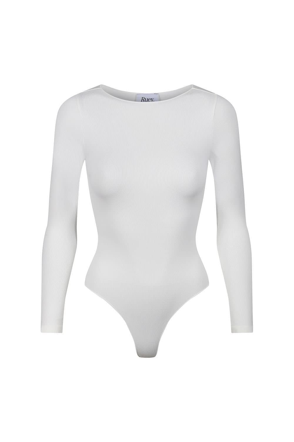 Ruey Ruey Women's Essentials Long Sleeve Bodysuit Sculpting Stretch Fit in White