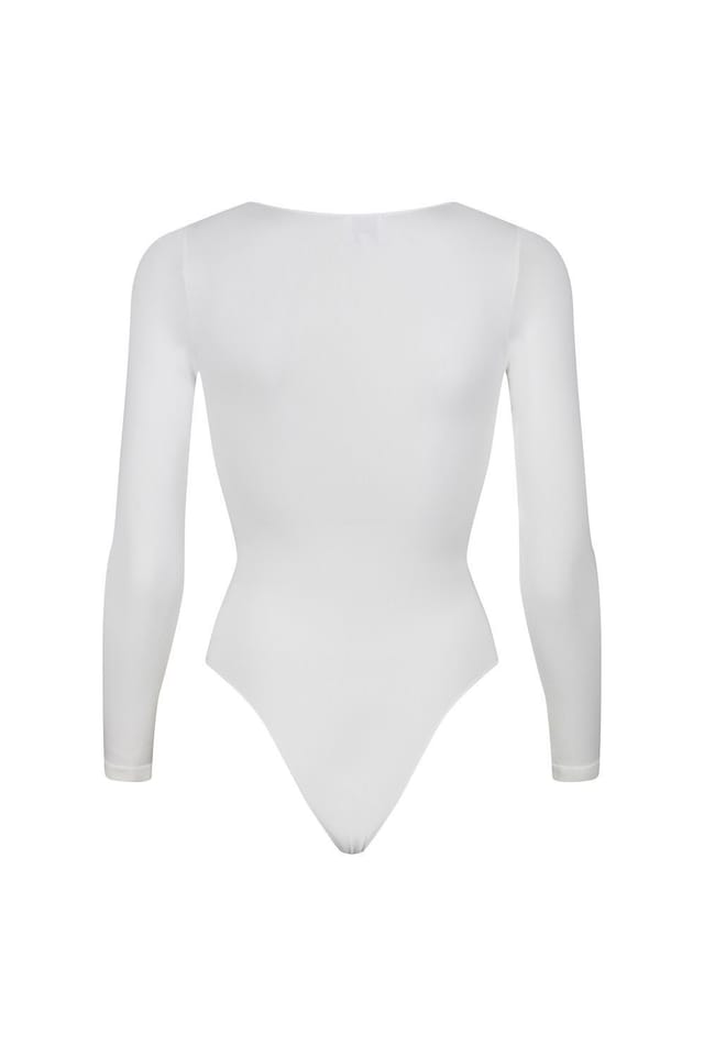 Ruey Ruey Women's Essentials Long Sleeve Bodysuit Sculpting Stretch Fit in White - 2