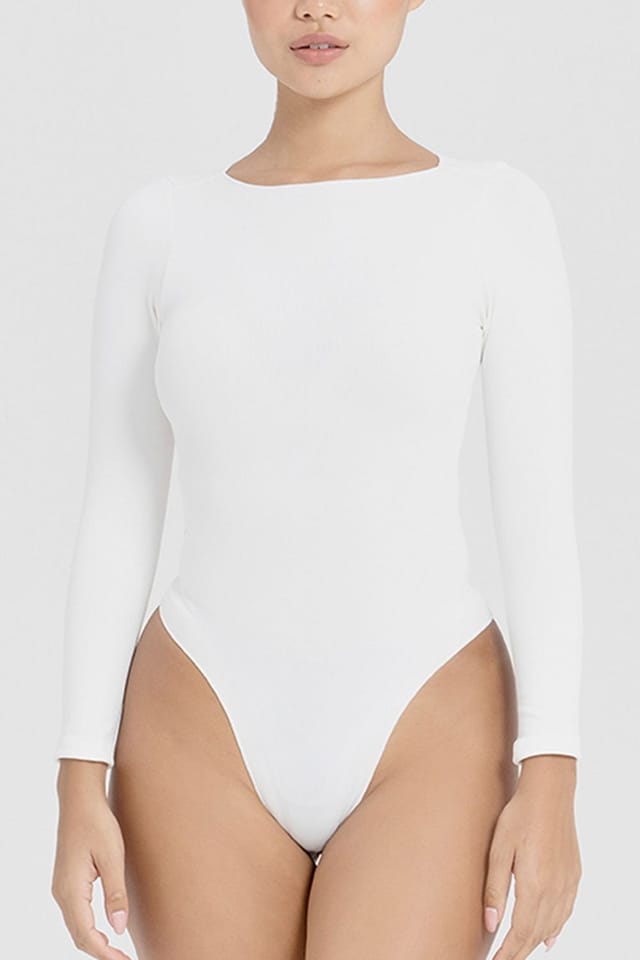 Ruey Ruey Women's Essentials Long Sleeve Bodysuit Sculpting Stretch Fit in White - 3
