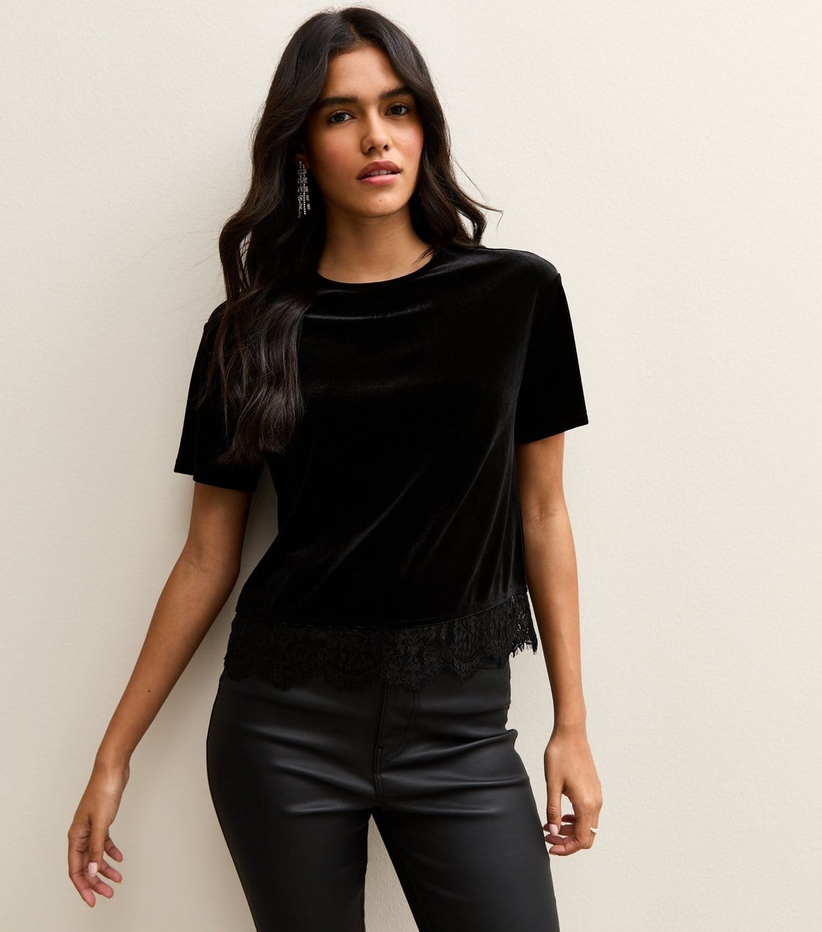 New Look Black Velvet Lace-Trimmed T-Shirt