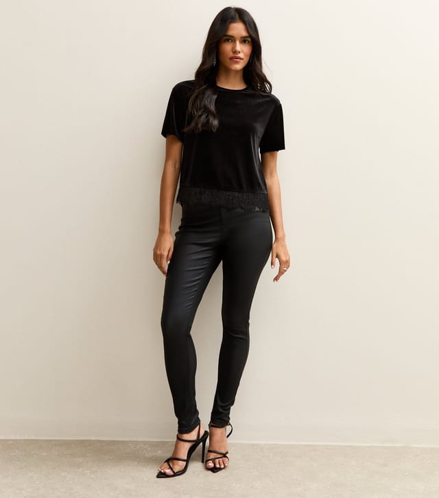 New Look Women's Black Lace Trimmed Velvet Top New Look - 2