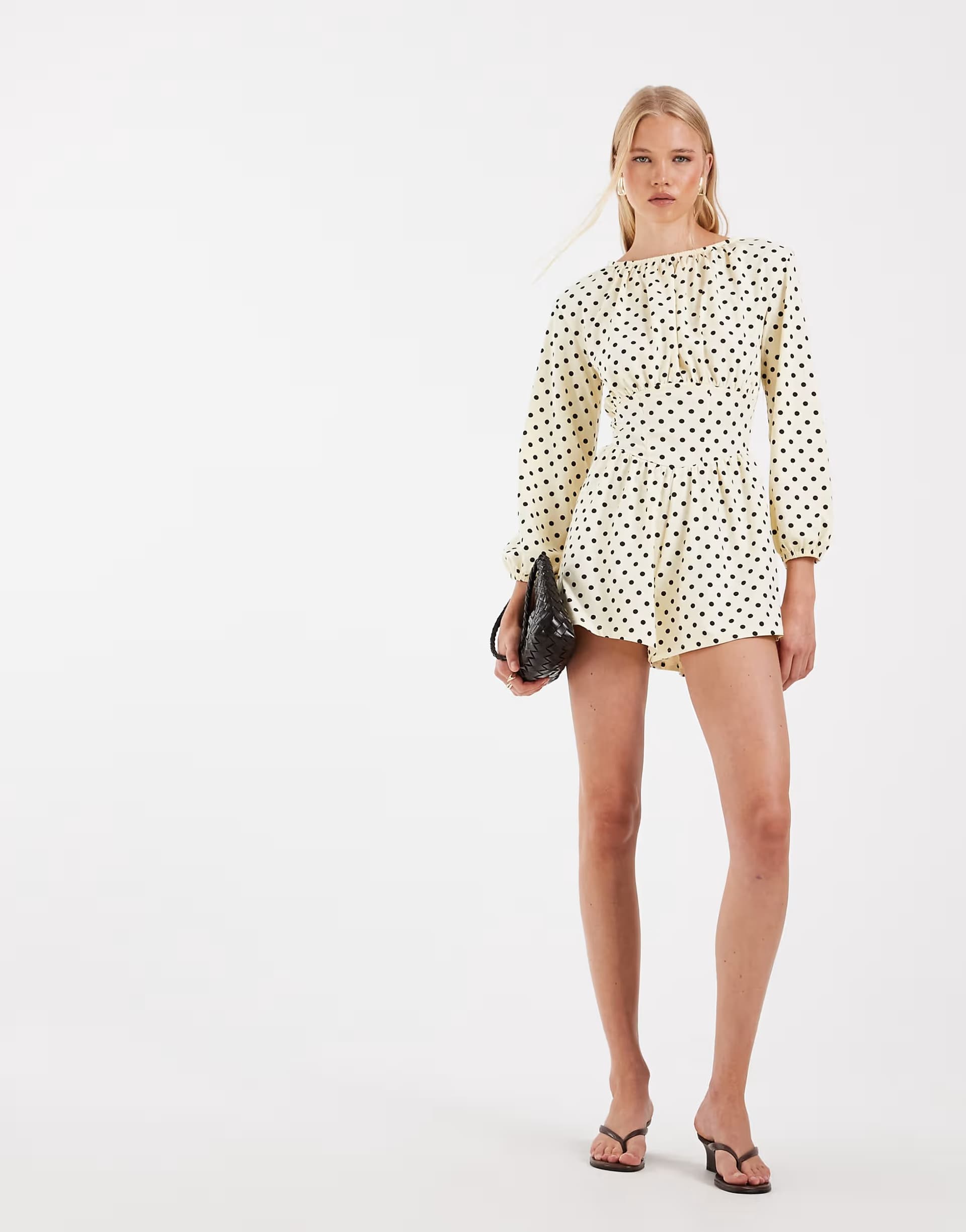 ASOS ASOS DESIGN polka dot cinched waist playsuit in lemon and brown