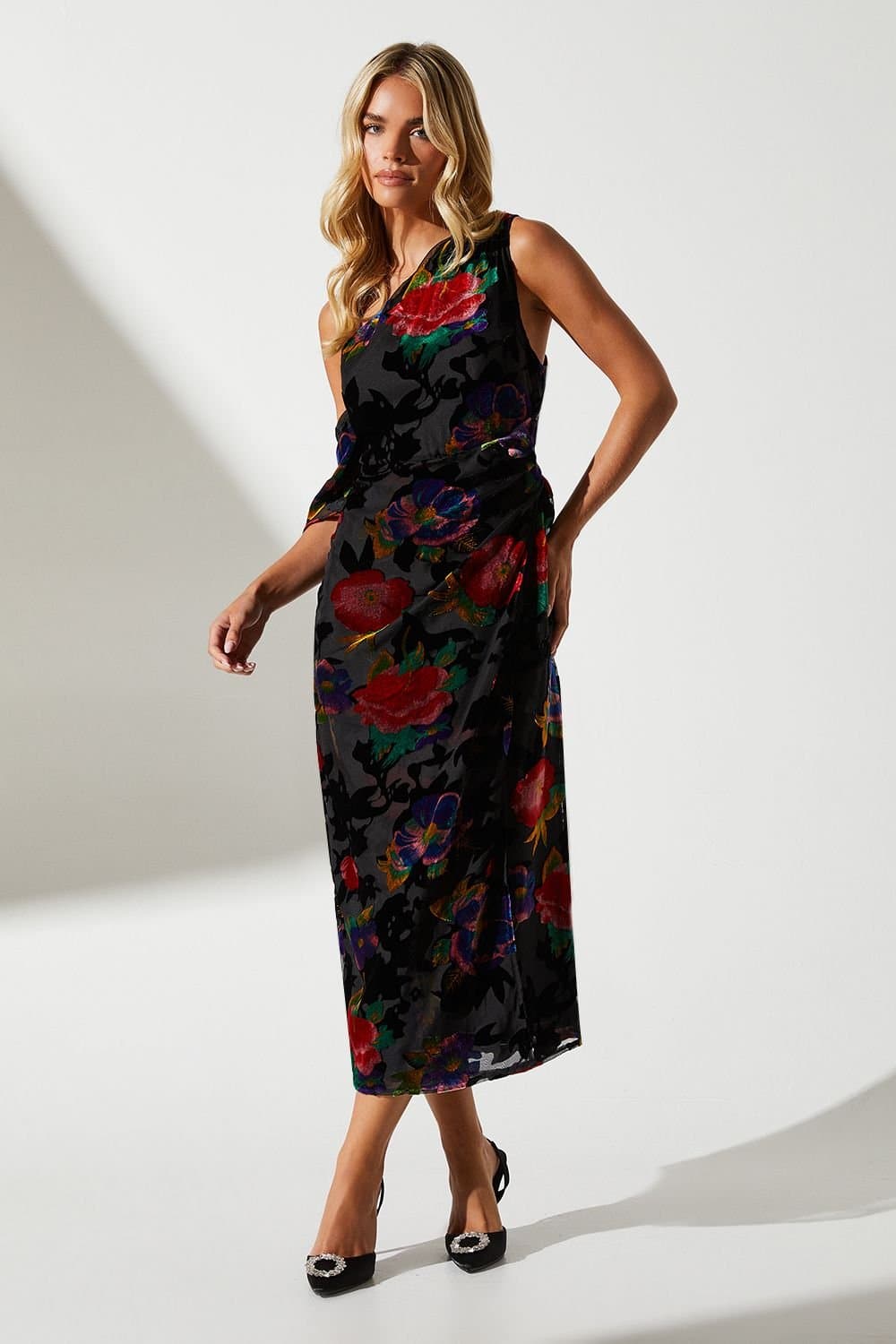 Coast Coast Women's Petite One Shoulder Wrap Midi Wedding Guest Dress in Black