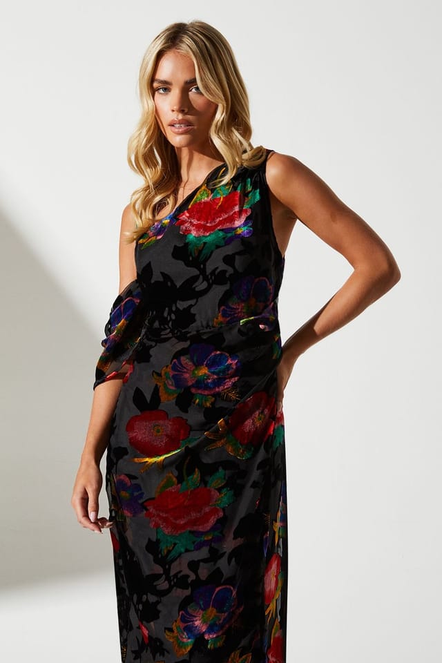 Coast Coast Women's Petite One Shoulder Wrap Midi Wedding Guest Dress in Black - 2