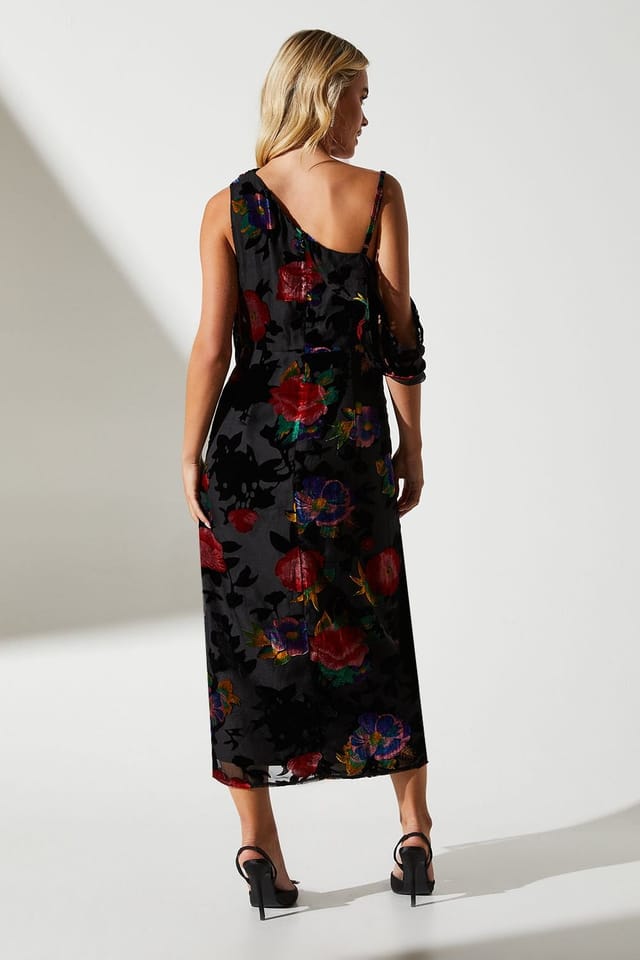 Coast Coast Women's Petite One Shoulder Wrap Midi Wedding Guest Dress in Black - 3