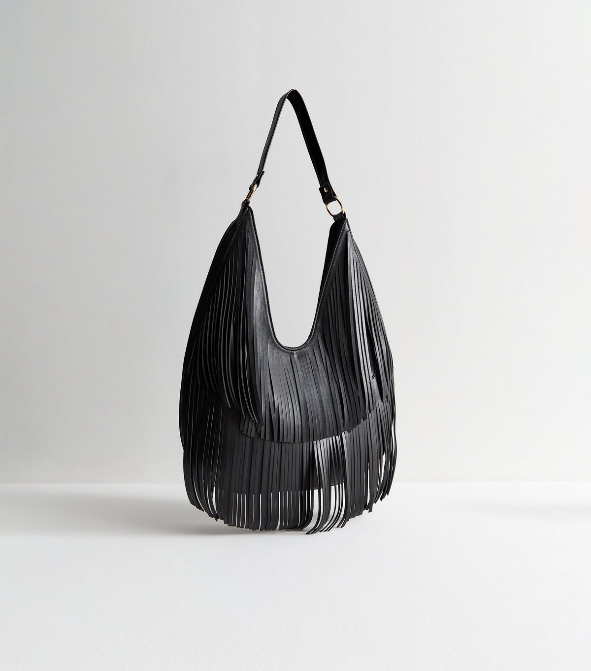 New Look Black Faux Leather Fringe Scoop Shoulder Bag Vegan New Look - 1