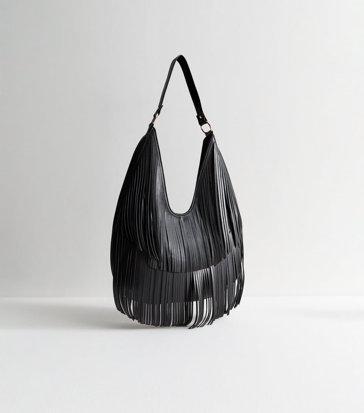 New Look Black Faux Leather Fringe Scoop Shoulder Bag Vegan New Look