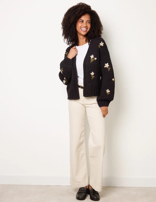 Blue Vanilla Flower Embroidery Detailed Cardigan - 3