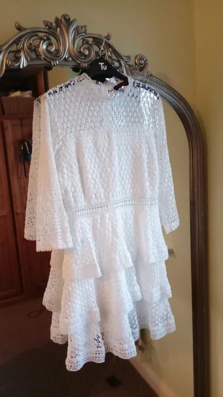 Vintage Dressing Size 14 glamorous holiday crochet panels rara frill skirted dress waist panel floaty sleeve