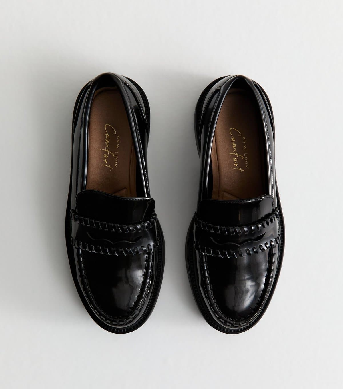 New Look Women's Wide Fit Black Patent Chunky Loafers New Look