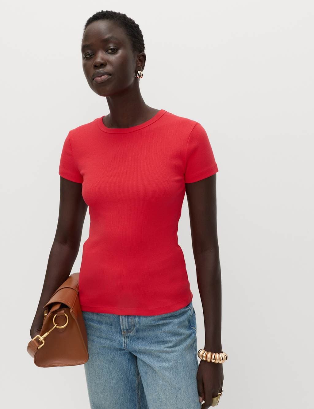 Marks & Spencer M&S Cotton Rich Ribbed Slim Fit T-Shirt Bright Red