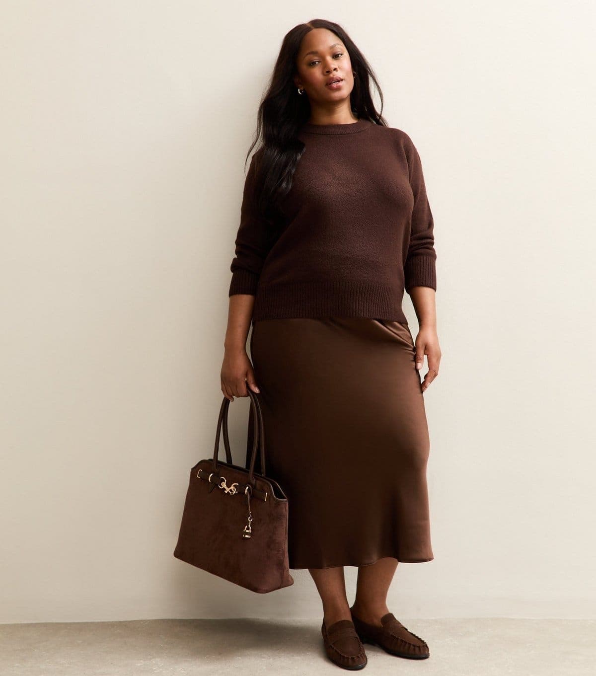 New Look Women's Plus Size Brown Satin Midi Skirt Curves New Look