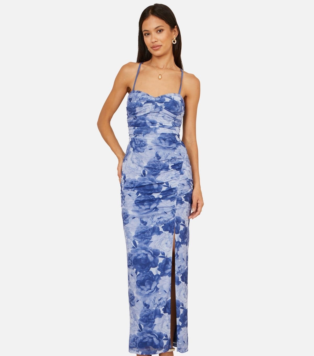 Yumi Blue Floral Mesh Ruched Midi Dress