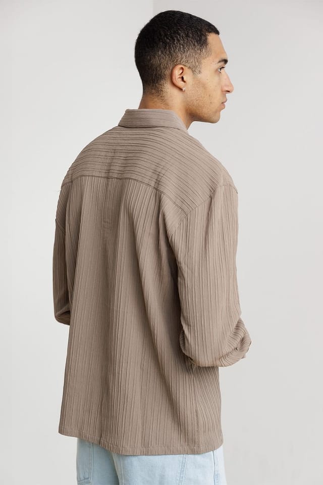 Influence Influence Men's Plissé Textured Long Sleeve Button Shirt in Taupe - 2