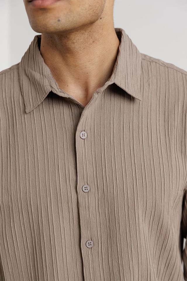 Influence Influence Men's Plissé Textured Long Sleeve Button Shirt in Taupe - 3