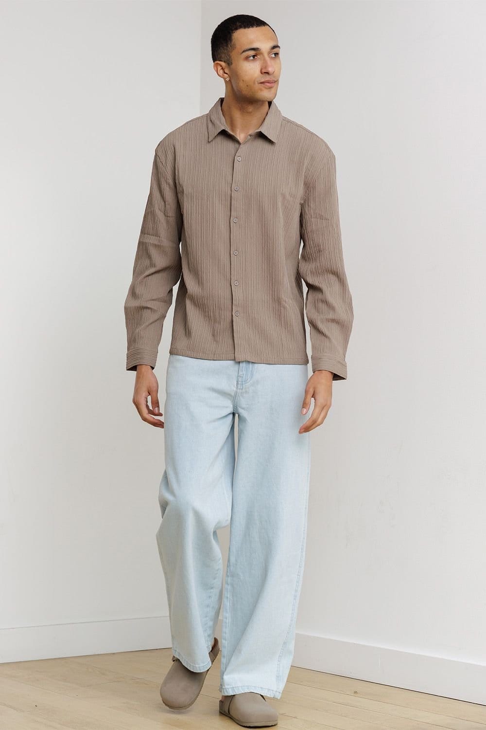 Influence Influence Men's Plissé Textured Long Sleeve Button Shirt in Taupe - 4