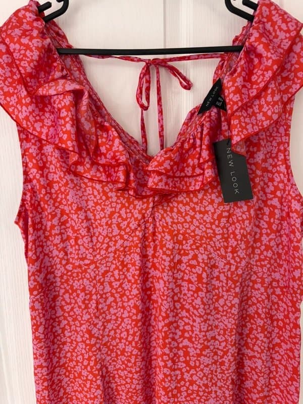 New Look New Look Red Pink Purple Floral Midi Dress UK 22 💗 Ruffle Neck Occasion Dress