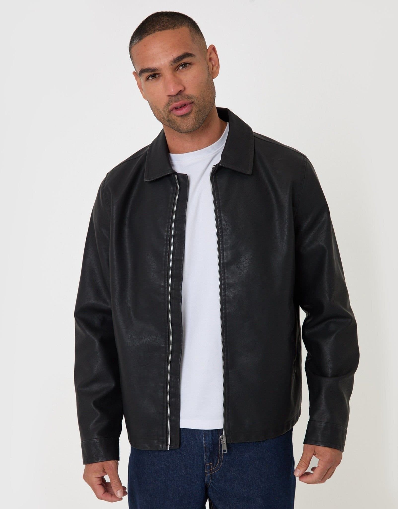 Threadbare threadbare Men's Faux Leather Zip Up Collared Jacket in Black