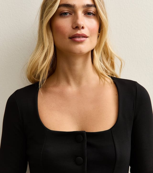 New Look Women's Black Jersey Buttoned Square Neck Top New Look - 2