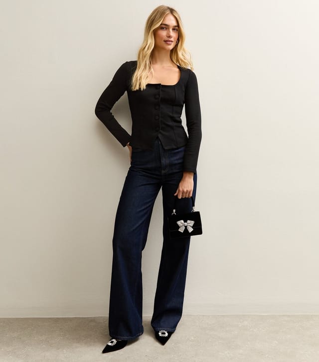 New Look Women's Black Jersey Buttoned Square Neck Top New Look - 3