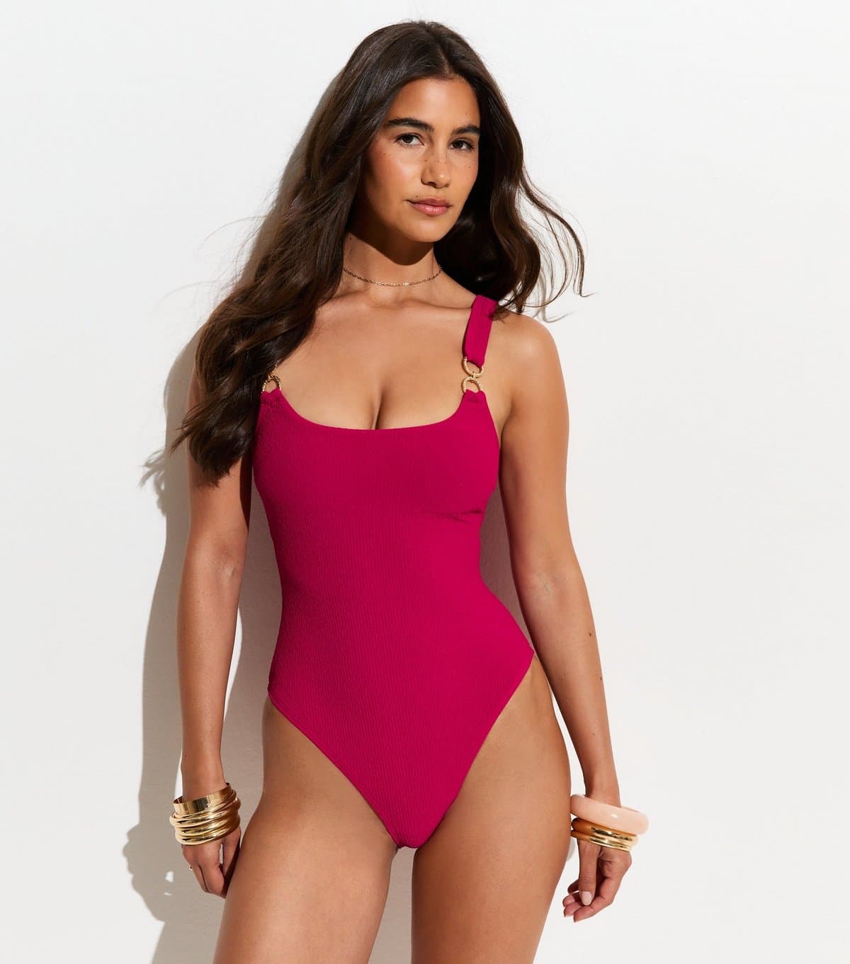 New Look Women's Dark Pink Tummy Control Double Ring Trim Swimsuit New Look