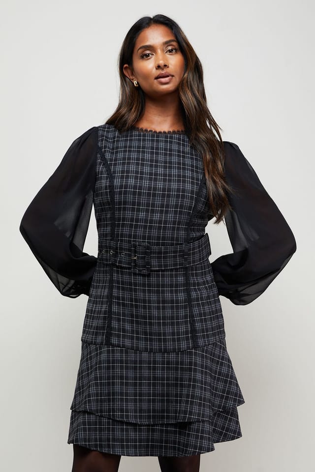 Oasis Oasis Women's Checked Belted Balloon Sleeve Flippy Mini Dress in Mono - 2