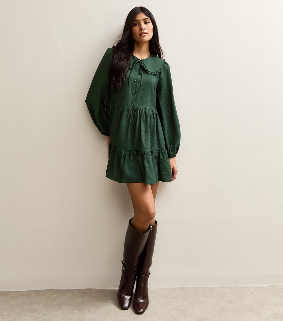 New Look Women's Dark Green Oversized Collar Mini Smock Dress New Look