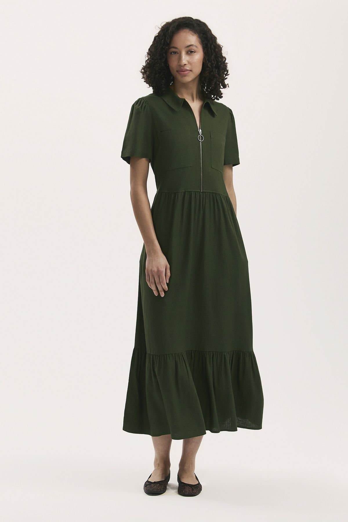 Finery London Finery London Women's Tania Short Sleeve Midi Shirt Dress in Bottle Green