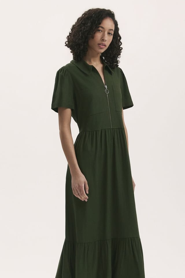 Finery London Finery London Women's Tania Short Sleeve Midi Shirt Dress in Bottle Green - 2