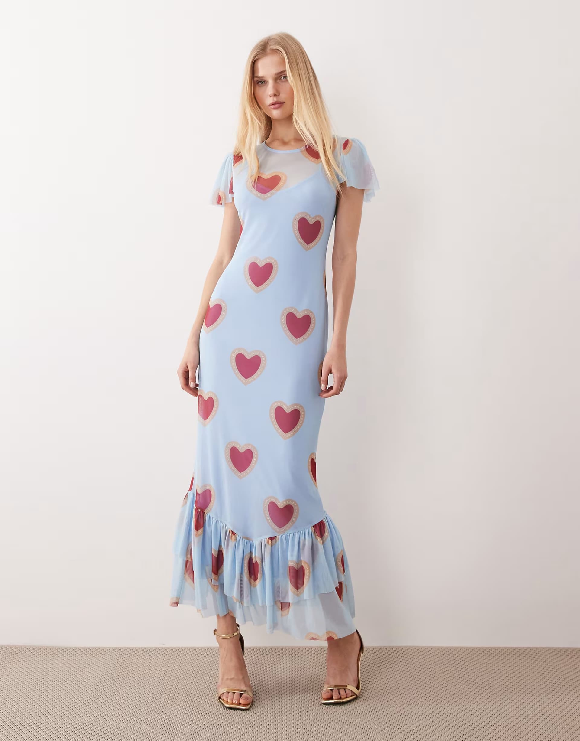 ASOS Never Fully Dressed mesh flutter sleeve maxi dress in baby blue heart print
