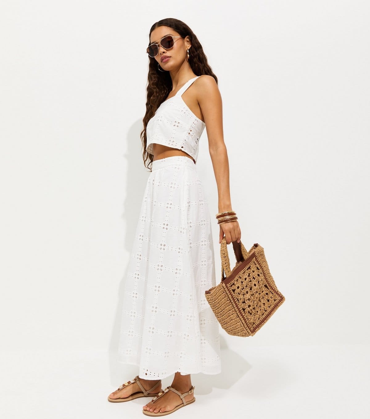 New Look Petite White Broderie Embroidered Grid Midi Skirt