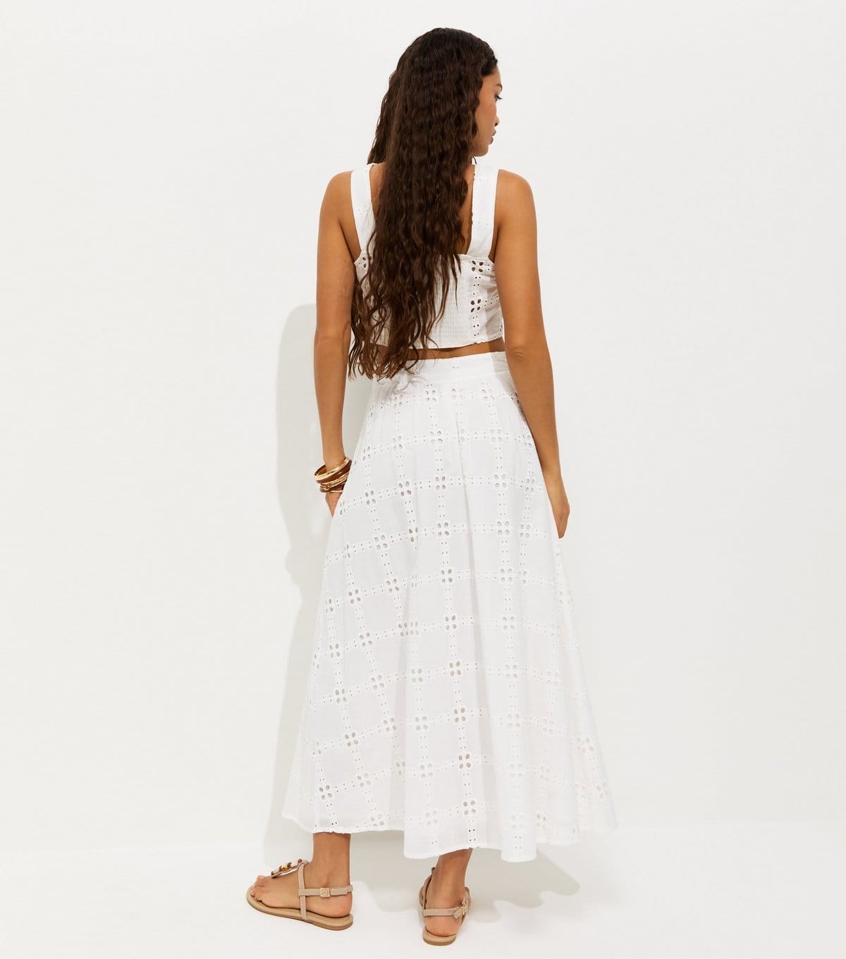 New Look Women's Petite White Broderie Embroidered Grid Midi Skirt New Look - 4
