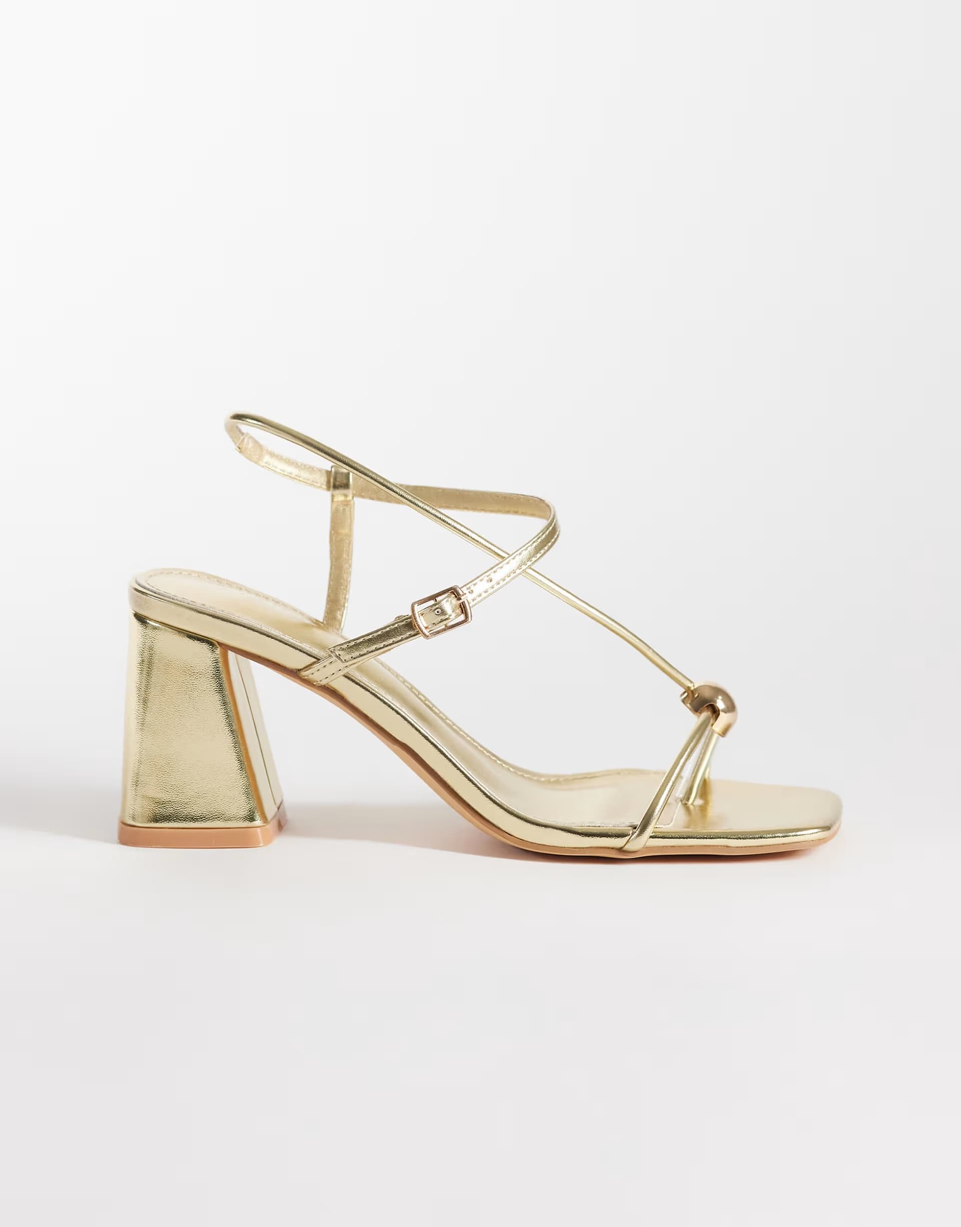 ASOS Glamorous block heeled sandals with metal detail in gold