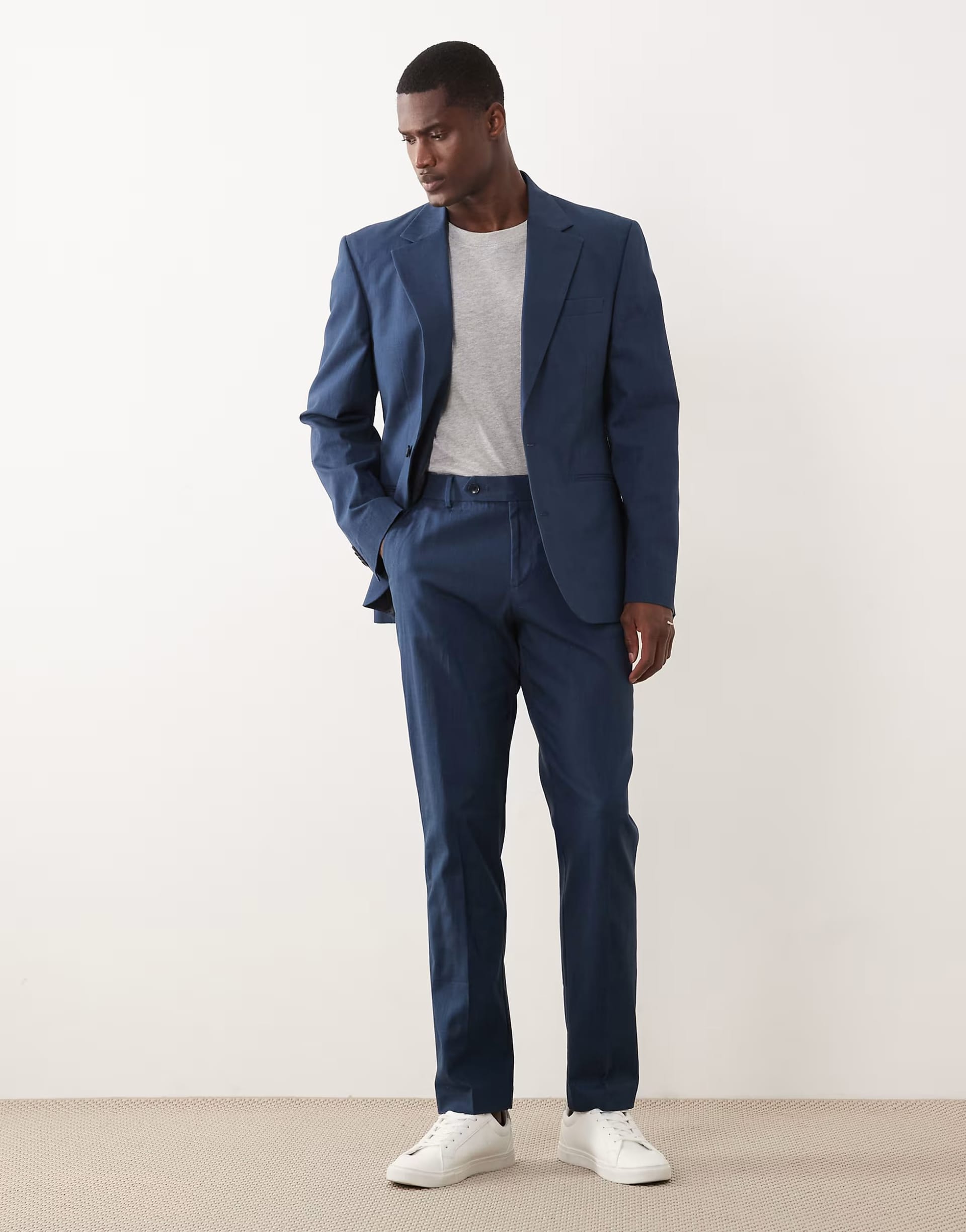 ASOS Navy 100% Cotton Linen Look Slim Suit Trousers