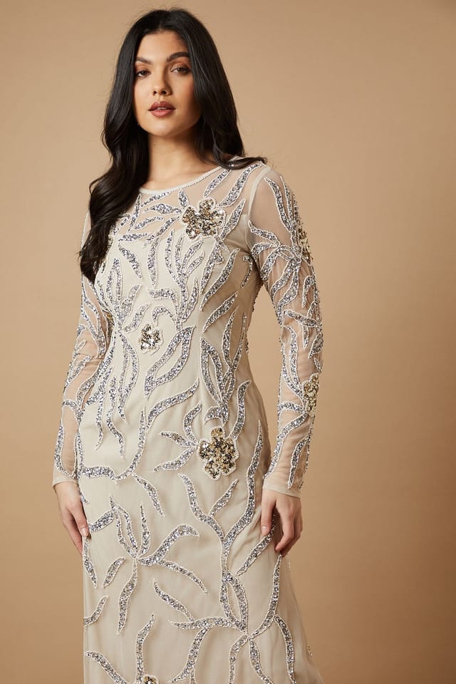 Oasis Oasis Women's Hand Embellished Long Sleeve Midi Dress in Neutral - 2