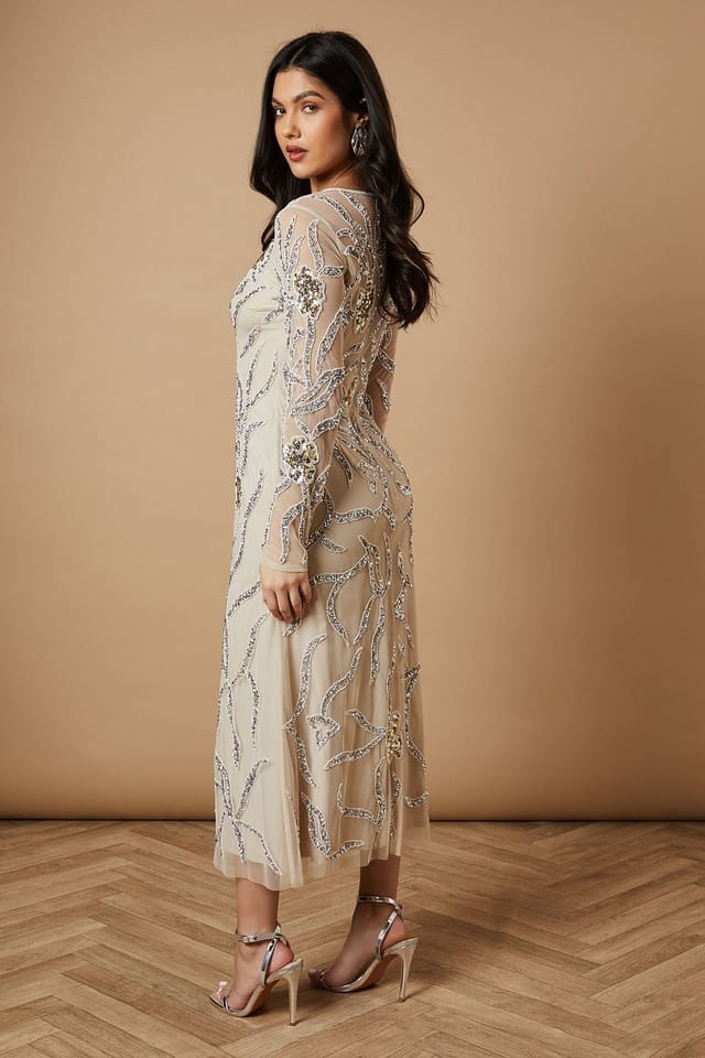 Oasis Oasis Women's Hand Embellished Long Sleeve Midi Dress in Neutral - 3