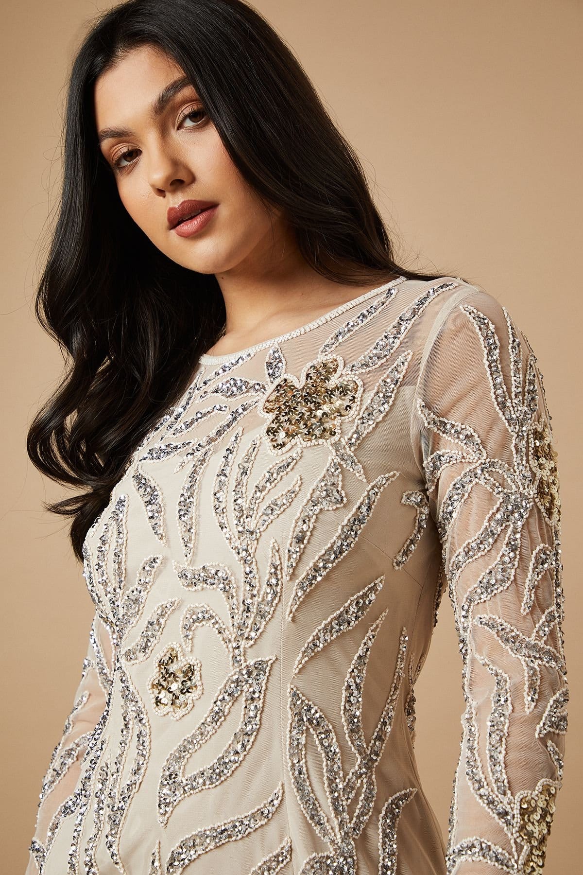 Oasis Oasis Women's Hand Embellished Long Sleeve Midi Dress in Neutral - 4