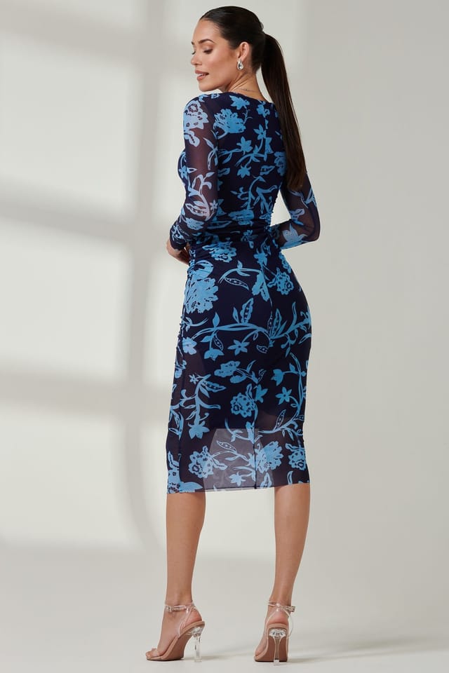 Jolie Moi Jolie Moi Women's Ruched Sheath Maxi Mesh Dress in Navy - 2