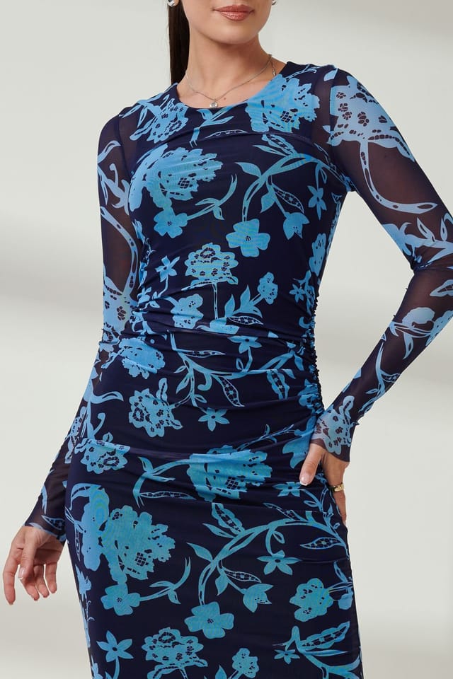 Jolie Moi Jolie Moi Women's Ruched Sheath Maxi Mesh Dress in Navy - 3