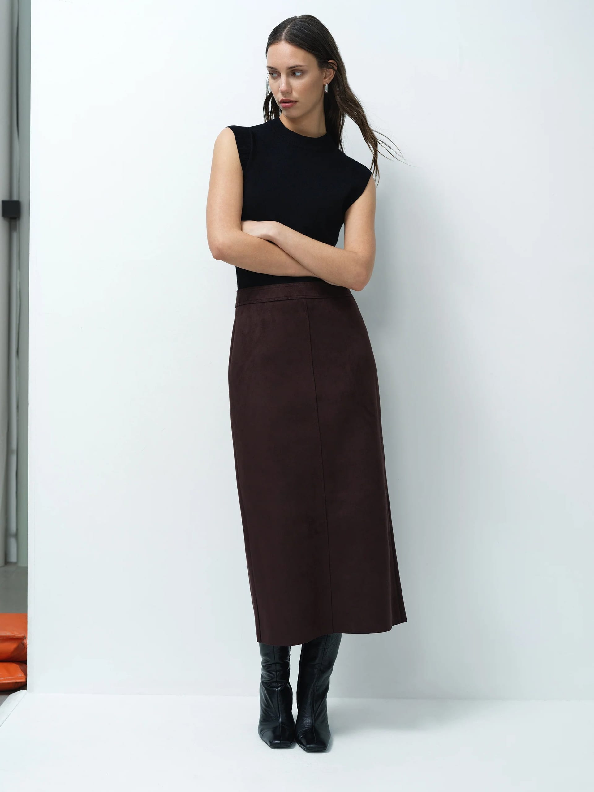 Laney Brown Faux Suede Midi Skirt Mocha Brown
