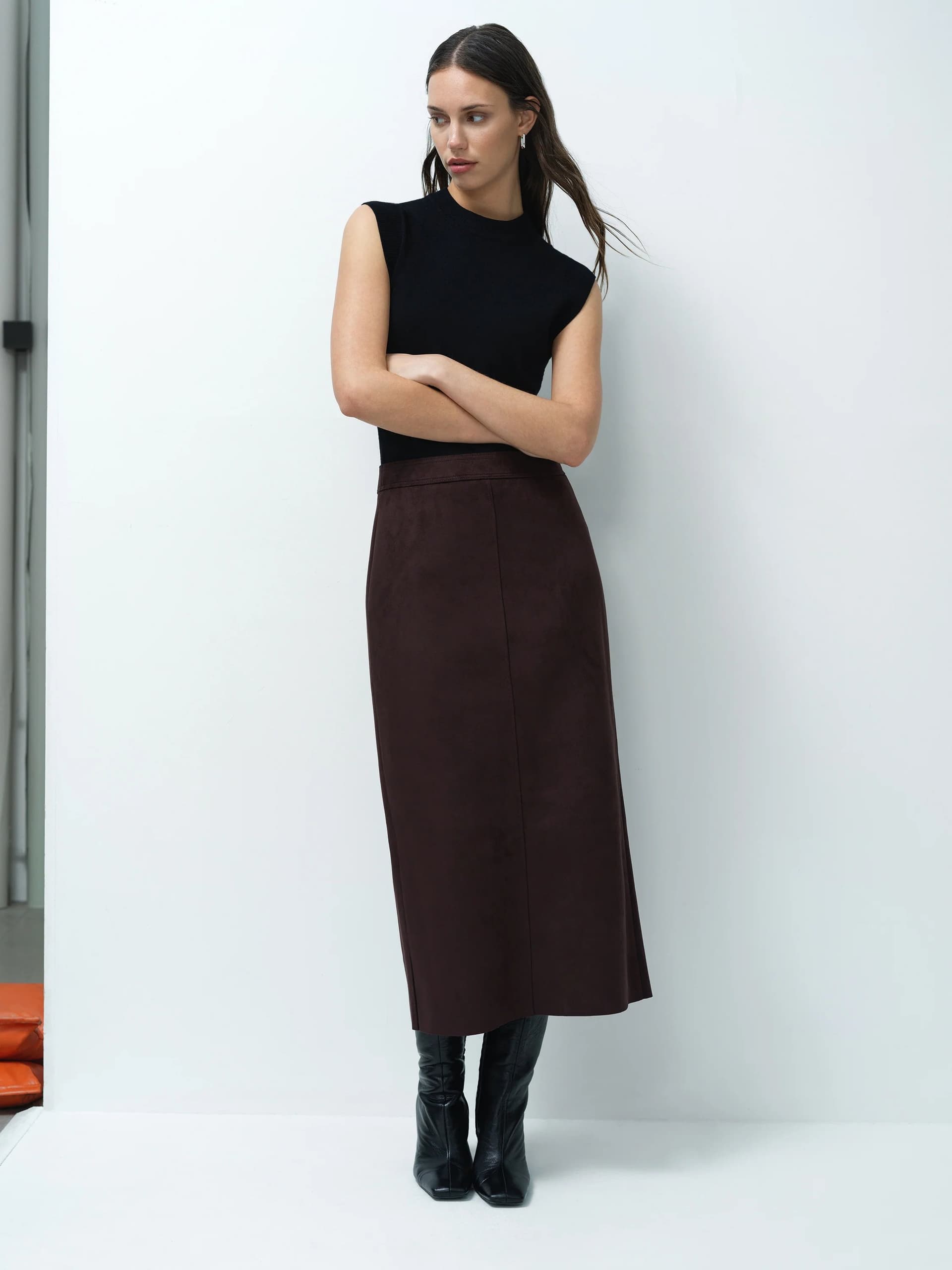 French Connection Laney Brown Faux Suede Midi Skirt Mocha Brown