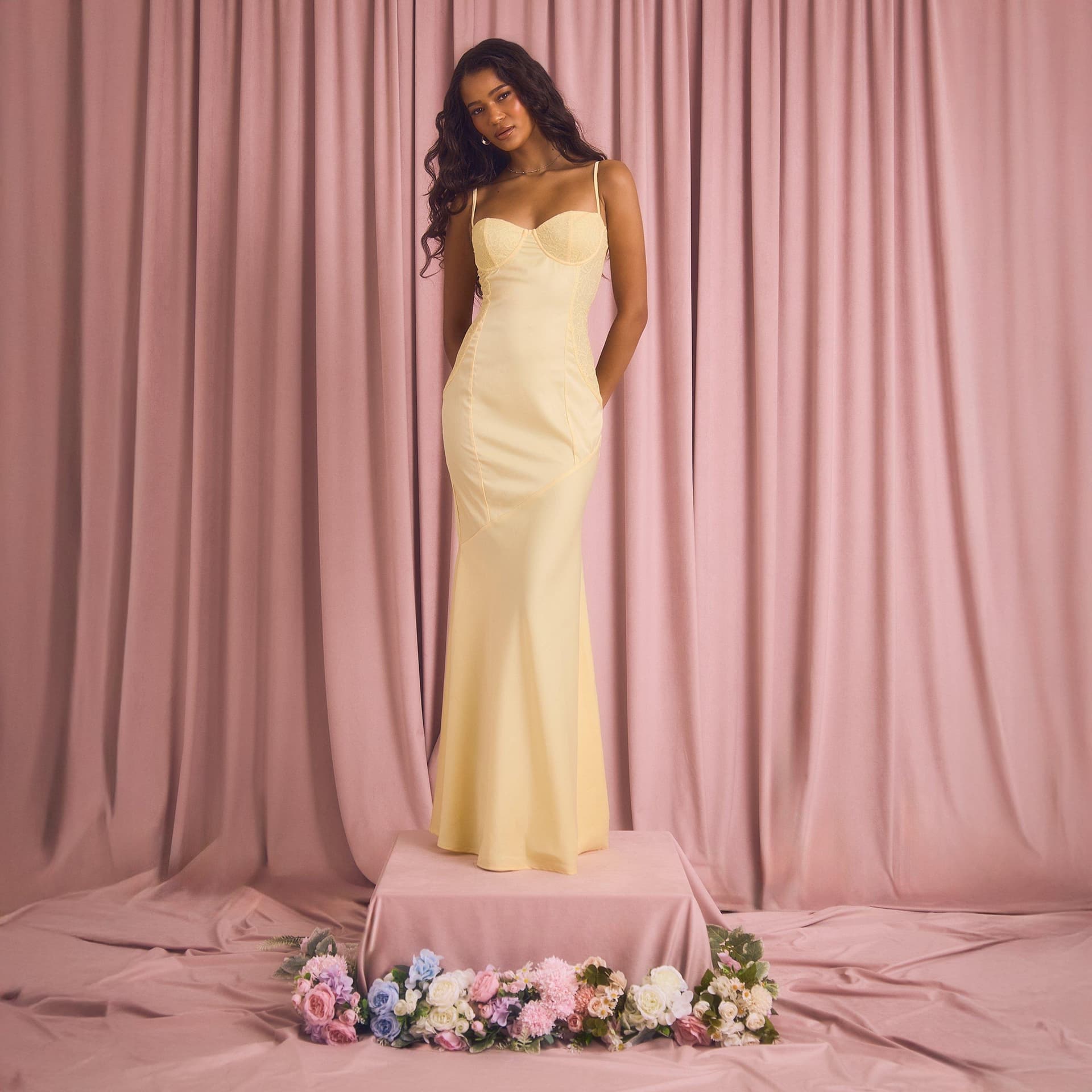 EGO Strappy Contrast Lace Detail Maxi Dress In Lemon Satin, Women's Size UK 6