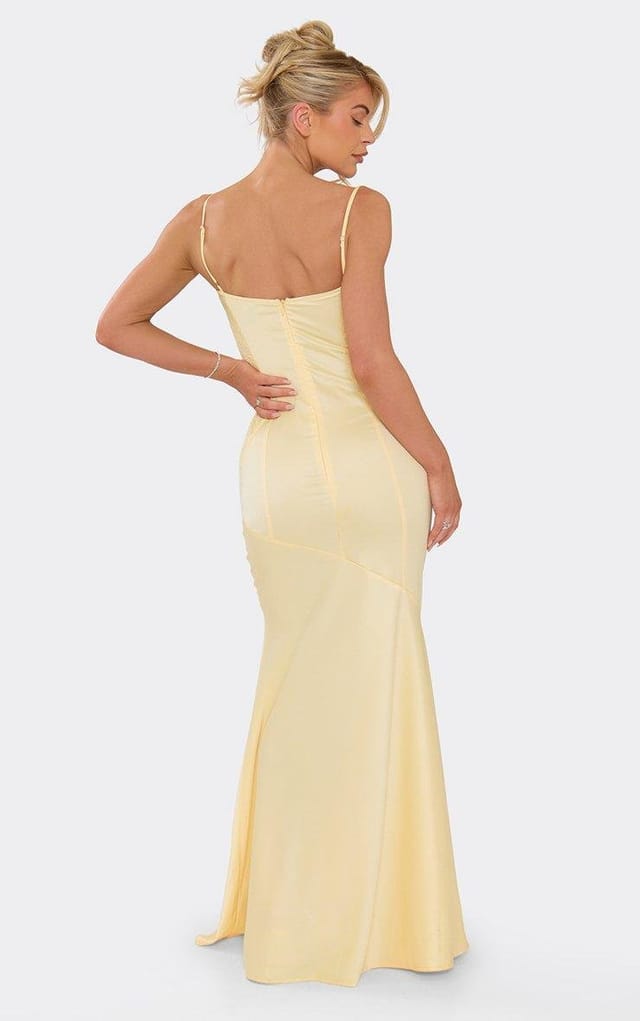 EGO Strappy Contrast Lace Detail Maxi Dress In Lemon Satin, Women's Size UK 6 - 2