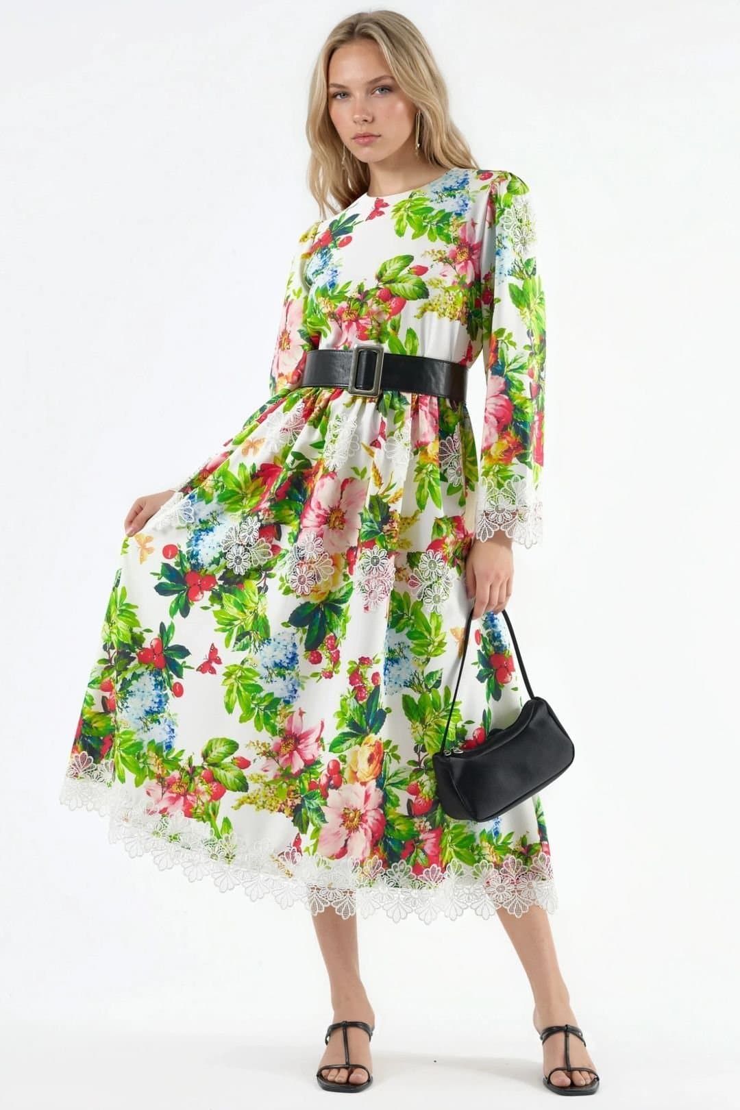 MSN Collection MSN Collection Women's Floral Belted A-Line Midi Dress