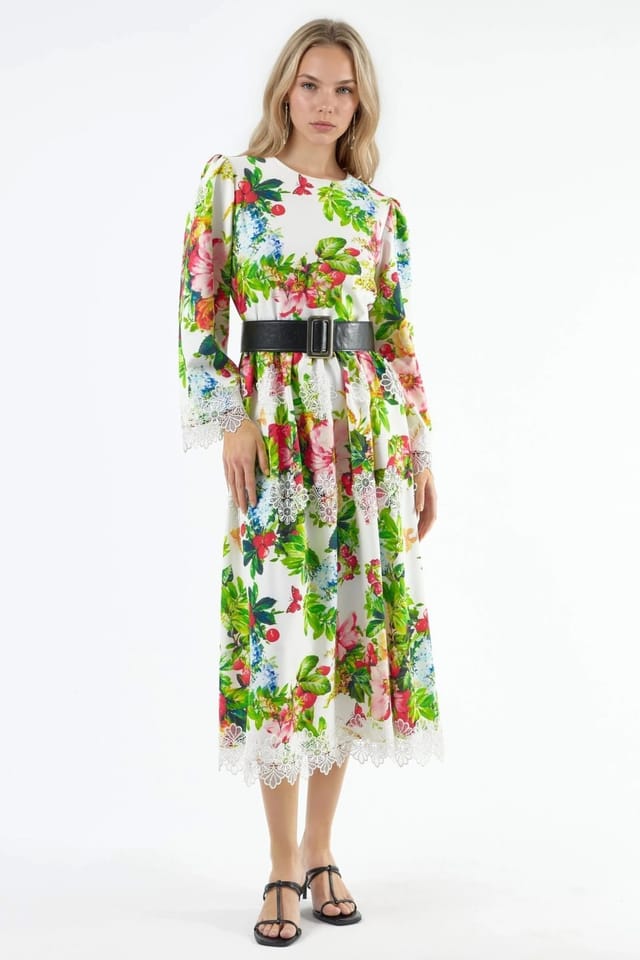 MSN Collection MSN Collection Women's Floral Belted A-Line Midi Dress - 3