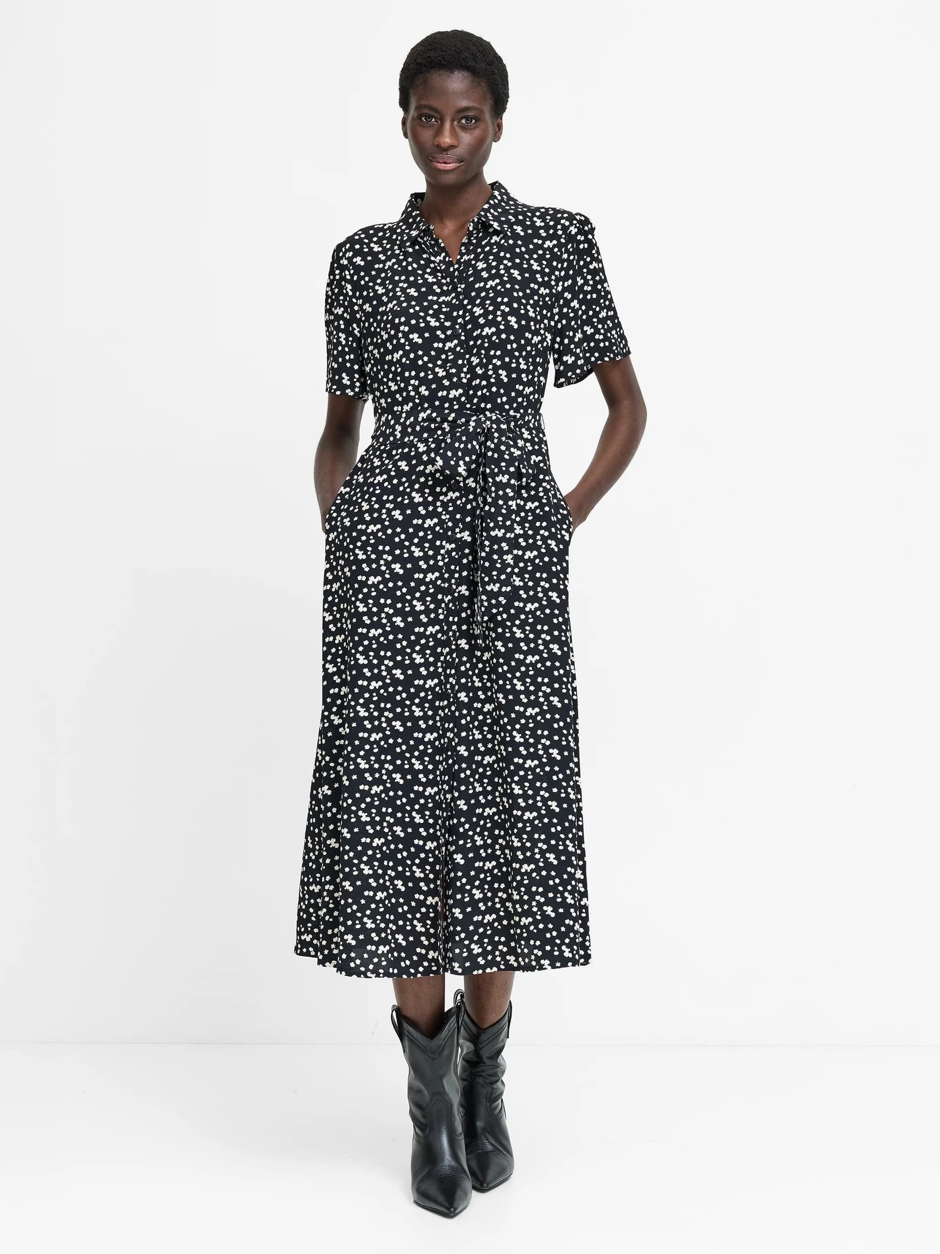 French Connection Harriet Black and White Floral Belted Shirt Dress Black