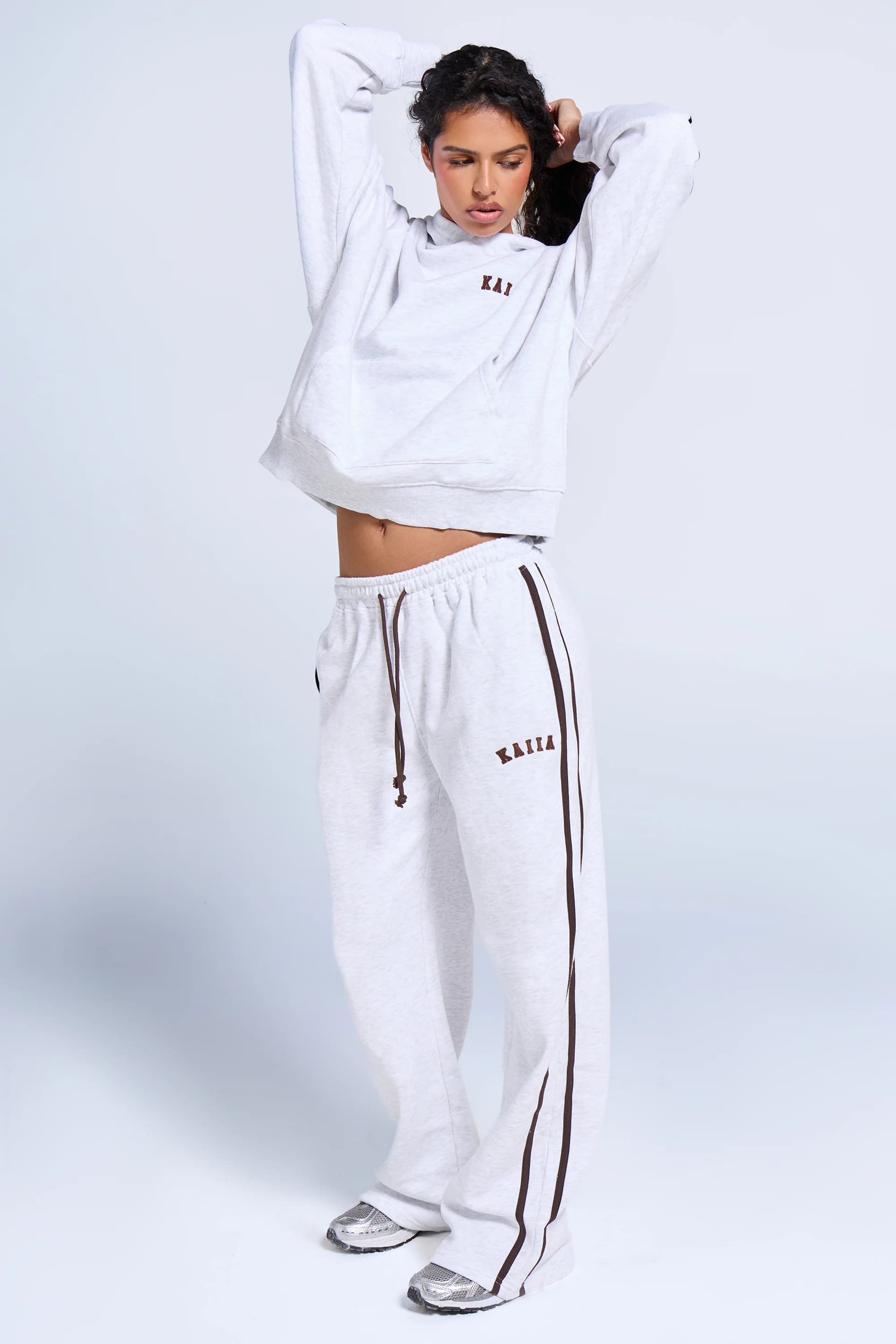 Kaiia Kaiia Logo Side Stripe Wide Leg Joggers Light Grey Marl & Brown